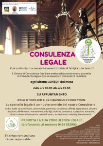 Il volantino della consulenza legale al Consultorio di Vittorio Veneto.
